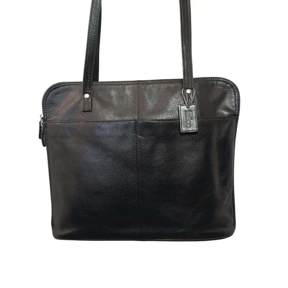 LATICO! RICH BLACK GENUINE LEATHER ZIP OPEN SHOULDER LAPTOP CASE, BRIEFCASE!